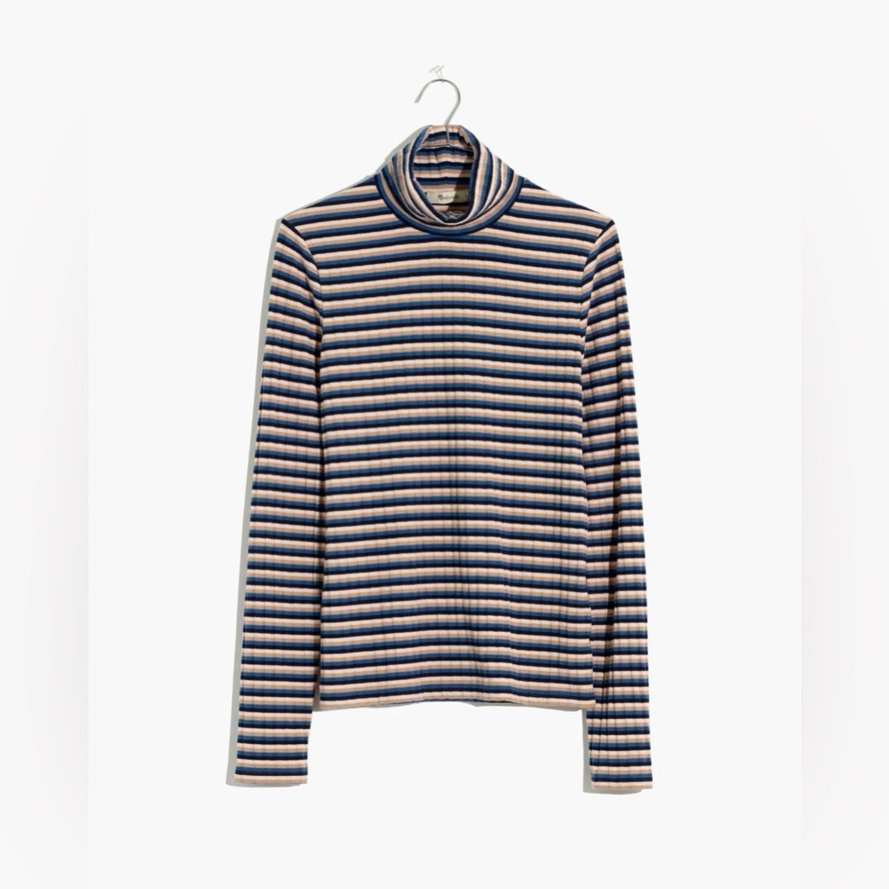 Madewell Ribbed Turtleneck Top in Blue, White, Tan Stripe Size XS